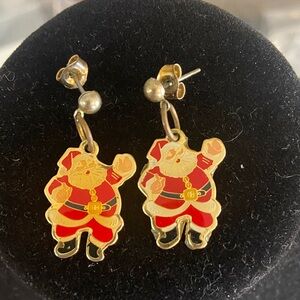 Vintage Santa Clause Christmas Red White Goldtone 1” Dangle Earrings GUC
